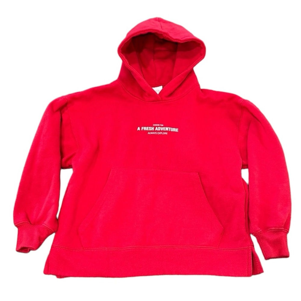ZARA Red Hoodie Pullover Graphic Fleece Lined Sweatshirt Kangaroo Pocket Kids 10